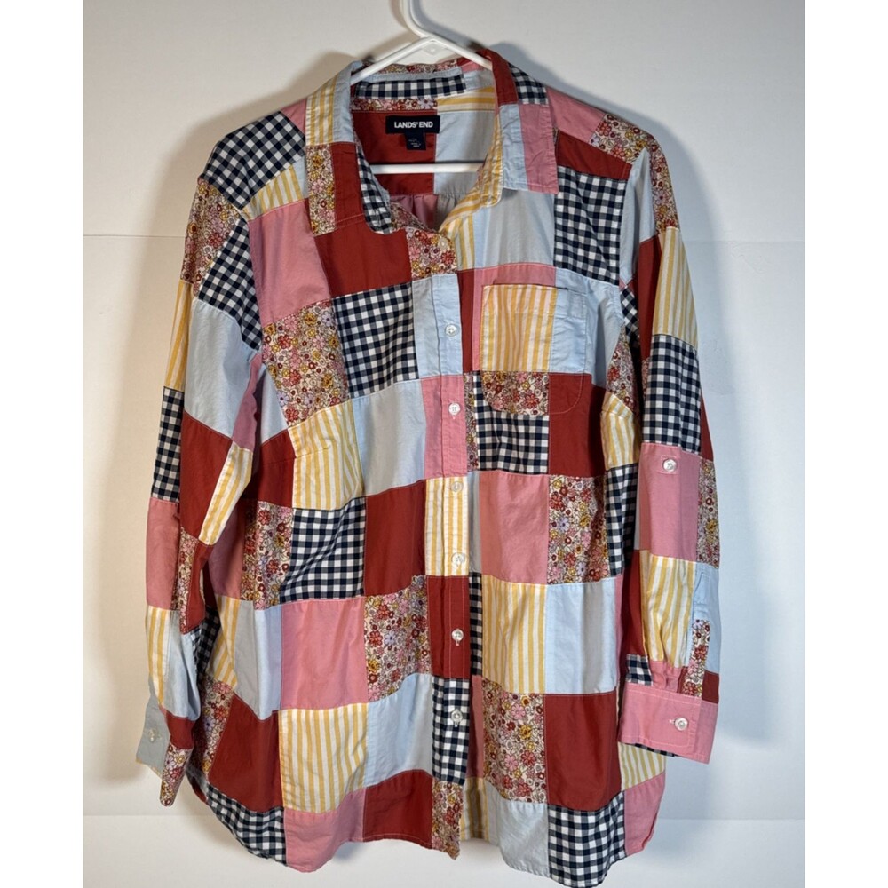 Lands End 1X 16-18W Button-Up Cotton Shirt Patchwork Granny Coastal Cottagecore